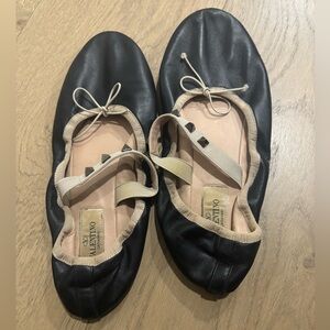 Valentino Black Leather Rockstud Mary Jane Ballet Flats